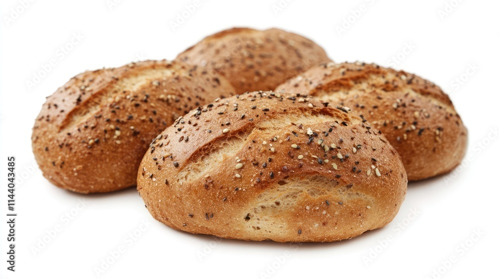 Nutritious whole grain bread rolls with seeds rich in carbohydrates ideal for healthy meals and snacks on a white background. Nutritious whole grain bread rolls with seeds rich in carbohydrates ideal for healthy meals and snacks on a white background.