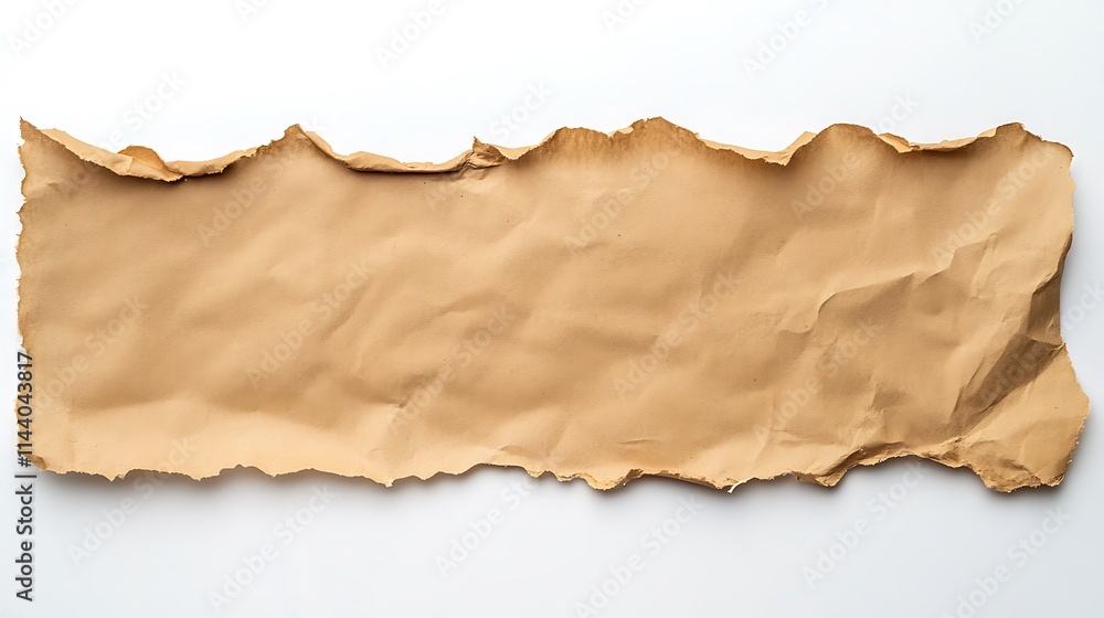 Torn paper mockup, softly crumpled brown paper piece, wide shot photo.. AI Generated
