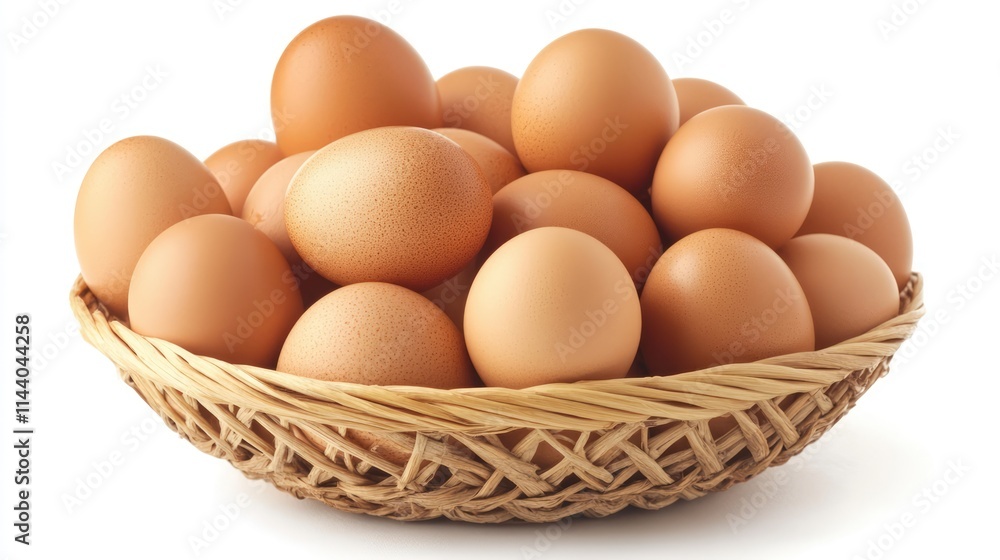 Freshly gathered brown chicken eggs in a woven basket isolated on a white background showcasing their natural texture and color. Freshly gathered brown chicken eggs in a woven basket isolated on a white background showcasing their natural texture and color.