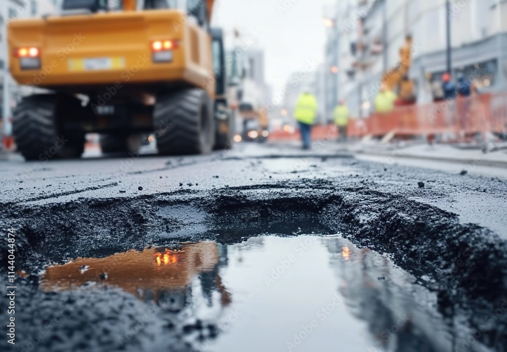 Pothole repair on a city street, with a road under construction and heavy machinery and workers in the background. Pothole repair on a city street, with a road under construction and heavy machinery and workers in the background.