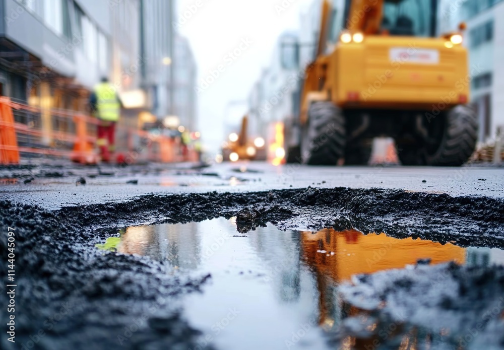 Pothole repair on a city street, with a road under construction and heavy machinery and workers in the background. Pothole repair on a city street, with a road under construction and heavy machinery and workers in the background.