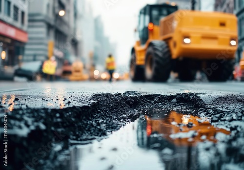 Pothole repair on a city street, with a road under construction and heavy machinery and workers in the background.