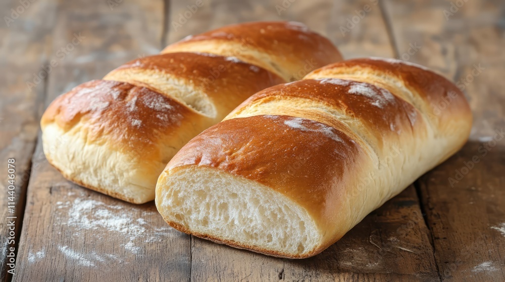 Golden brown artisanal bread loaves resting on a rustic wooden surface with flour dust for a warm and inviting bakery scene Golden brown artisanal bread loaves resting on a rustic wooden surface with flour dust for a warm and inviting bakery scene