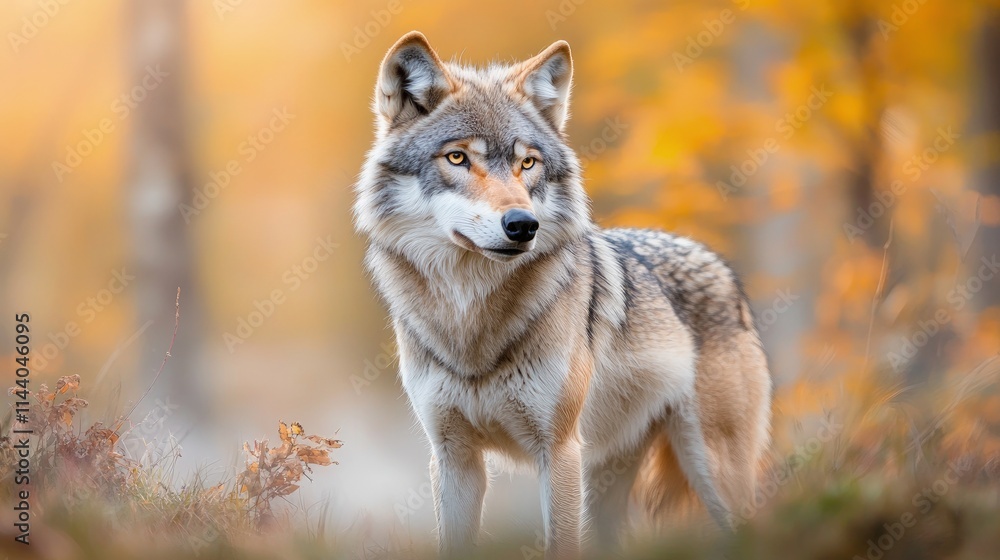 Majestic grey wolf standing in autumn forest. Majestic grey wolf standing in autumn forest.