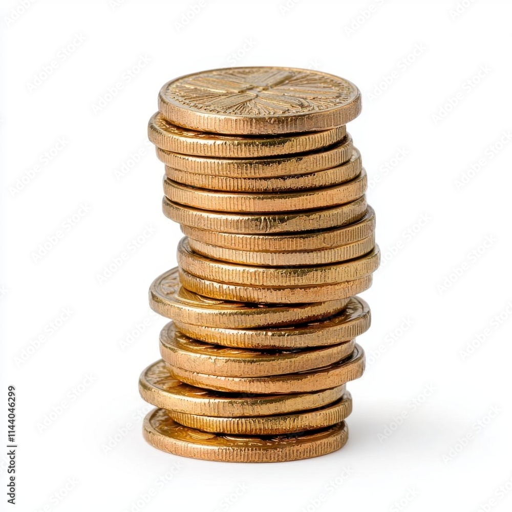 A photostock of golden coins stacked in varying heights and scattered artistically, isolated on a clean white background, rich and luxurious, High Quality A photostock of golden coins stacked in varying heights and scattered artistically, isolated on a clean white background, rich and luxurious, High Quality
