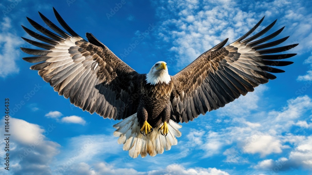 Obraz premium Majestic bald eagle in flight, wings spread wide against a vibrant blue sky with fluffy white clouds.