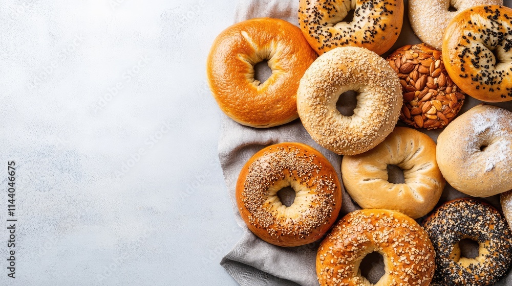 Assorted fresh bagels with various toppings arranged on a light backdrop showcasing their texture and flavors for culinary projects