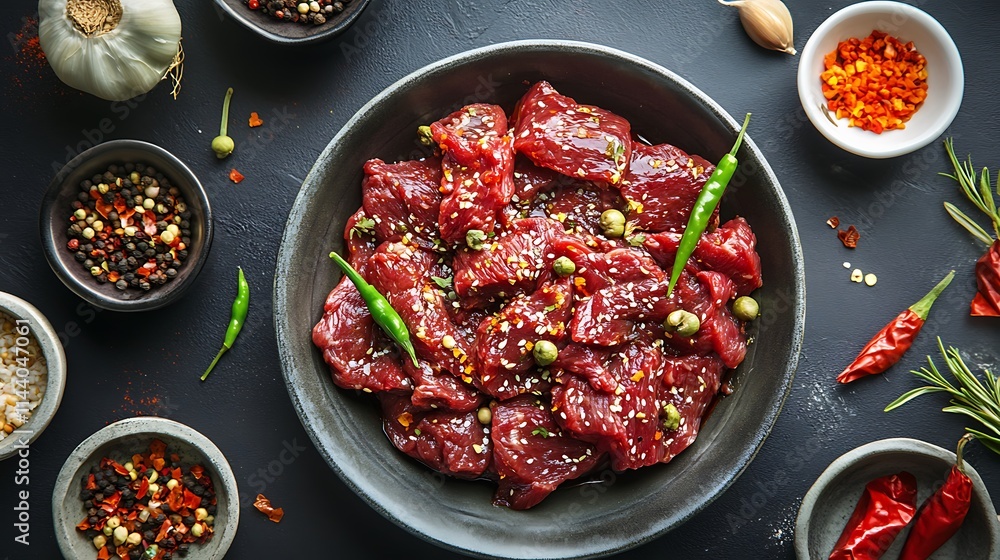 Marinated Beef Cubes Ready for Cooking: Overhead Food Photography. AI Generated Marinated Beef Cubes Ready for Cooking: Overhead Food Photography. AI Generated