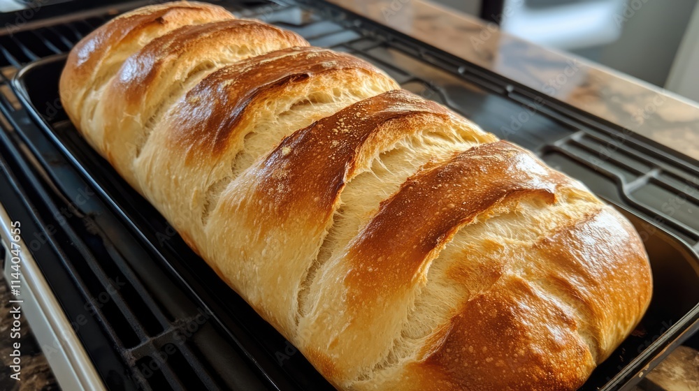 Homemade artisan bread loaf cooling on a wire rack in a modern kitchen setting Homemade artisan bread loaf cooling on a wire rack in a modern kitchen setting