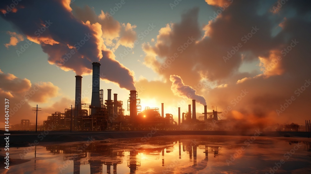 Expansive industrial thermal desalination plant at dusk with steam rising from the chimneys reflecting the power and technology harnessed to purify and provide water resources Expansive industrial thermal desalination plant at dusk with steam rising from the chimneys reflecting the power and technology harnessed to purify and provide water resources