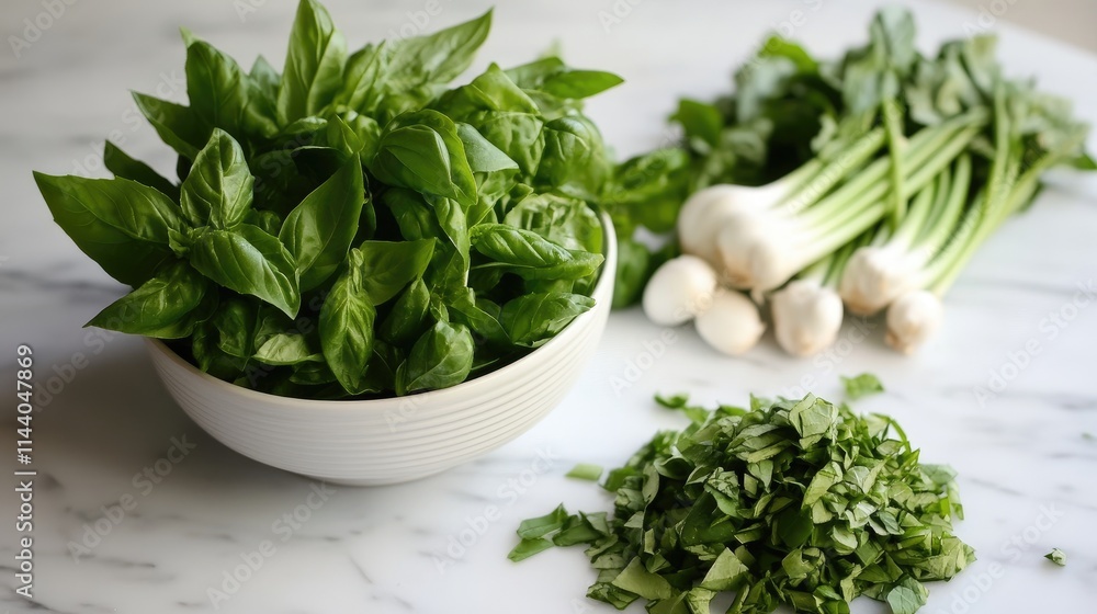 Fresh basil leaves and chopped basil with whole scallions on a marble countertop showcasing vibrant green herbs for culinary purposes. Fresh basil leaves and chopped basil with whole scallions on a marble countertop showcasing vibrant green herbs for culinary purposes.