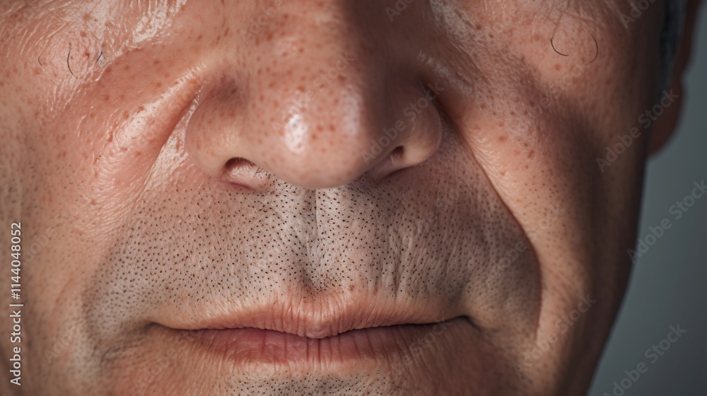 Obraz premium Extreme close up view of hyperpigmentation spots and uneven skin texture on aging mature skin Detailed macro shot showcasing the appearance of age spots blemishes and skin imperfections