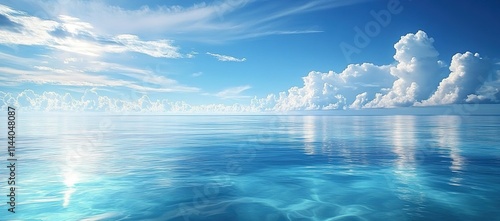 A serene ocean scene with clear blue waters, white clouds in the sky, and sunlight reflecting on the water's surface. photo