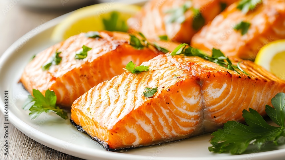 Deliciously cooked salmon pieces on plate close up photo. AI Generated Deliciously cooked salmon pieces on plate close up photo. AI Generated