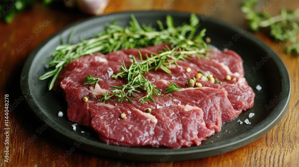 Fresh beef carpaccio served with herbs and spices on a rustic plate ideal for gourmet culinary presentations. Fresh beef carpaccio served with herbs and spices on a rustic plate ideal for gourmet culinary presentations.