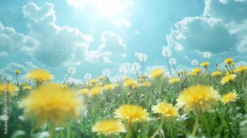 Vibrant yellow dandelion flowers basking in sunlight on a lush green meadow under a bright blue sky with fluffy clouds photo