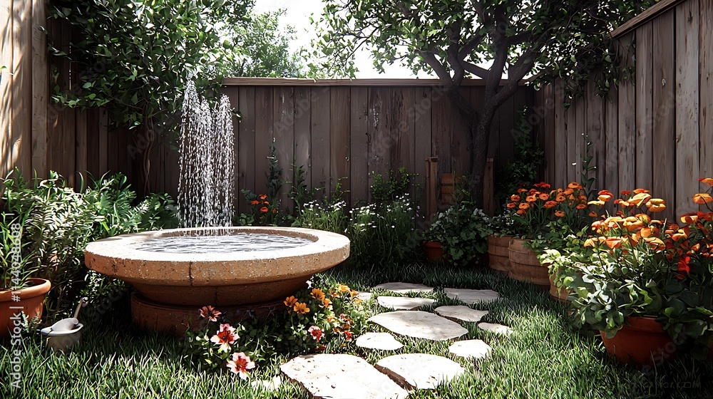 Serene Backyard Garden Fountain With Blooming Flowers Serene Backyard Garden Fountain With Blooming Flowers