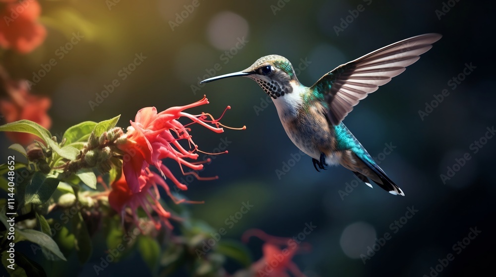 Fototapeta premium Captivating image of a hummingbird gracefully hovering and sipping nectar from a vibrant red flower in mid flight showcasing the beauty and elegance of this natural scene