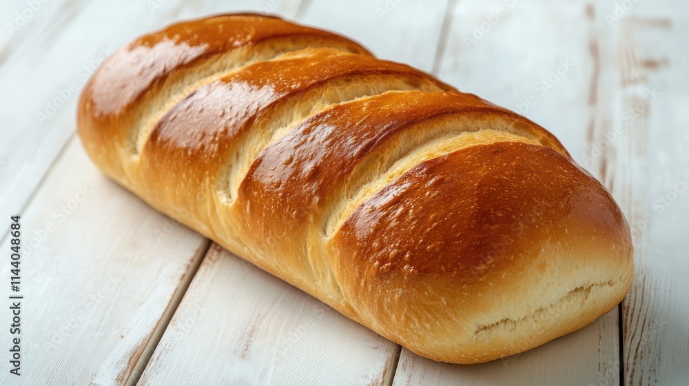 Golden crusted loaf of freshly baked bread resting on a rustic white wooden table ready for serving or food photography Golden crusted loaf of freshly baked bread resting on a rustic white wooden table ready for serving or food photography