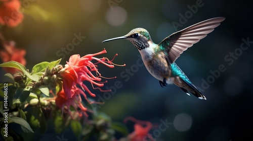 Captivating image of a hummingbird gracefully hovering and sipping nectar from a vibrant red flower in mid flight showcasing the beauty and elegance of this natural scene