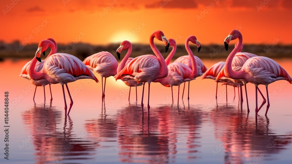 Fototapeta premium A magnificent flock of vibrant pink flamingos standing gracefully in the shallow waters with their stunning reflections mirrored on the calm surface as the sun sets