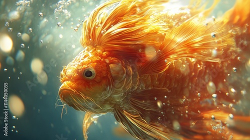 Vibrant close-up of a majestic goldfish showcasing its flowing fins and scales in a serene underwater setting with bubbles. photo