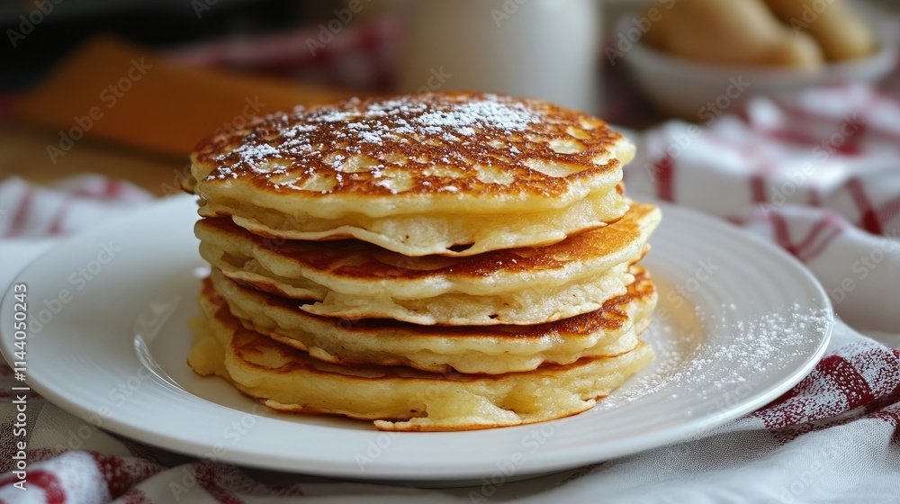 Stack of golden brown potato pancakes dusted with powdered sugar served on a white plate in a cozy kitchen setting Stack of golden brown potato pancakes dusted with powdered sugar served on a white plate in a cozy kitchen setting