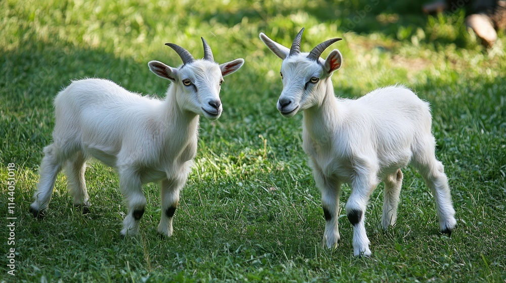 Two playful young goats exploring a green grassy field in search of fresh food and companionship. Two playful young goats exploring a green grassy field in search of fresh food and companionship.