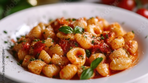 Plated delicious pasta dish featuring various shapes like gnocchi and rigatoni garnished with fresh basil and grated cheese