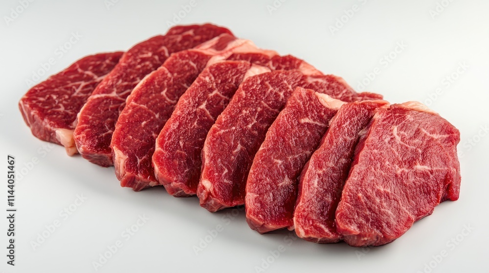 Sliced fresh beef steak arranged neatly showcasing marbled texture on a clean background suitable for culinary displays and advertisements Sliced fresh beef steak arranged neatly showcasing marbled texture on a clean background suitable for culinary displays and advertisements