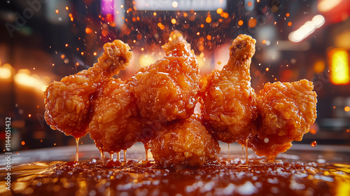 A wide shot of an advertising photo of fried chicken which is golden and crispy. photo