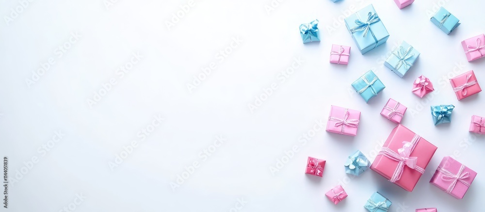 Assorted gift boxes and presents in pink and blue colors on a white background with ample copy space for festive promotions or messages Assorted gift boxes and presents in pink and blue colors on a white background with ample copy space for festive promotions or messages