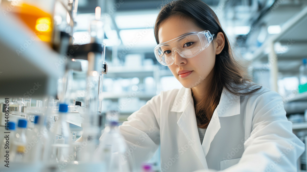 An Asian woman conducting research in a high-tech laboratory, wearing a lab coat and safety goggles. An Asian woman conducting research in a high-tech laboratory, wearing a lab coat and safety goggles.