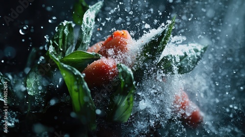 Fresh tomatoes splashing amidst wild garlic leaves creating a vibrant and appetizing culinary scene ideal for cooking and food photography. photo