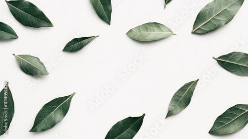 Fresh bay leaves arranged on a light backdrop showcasing their vibrant green color and unique texture for culinary and design use. photo