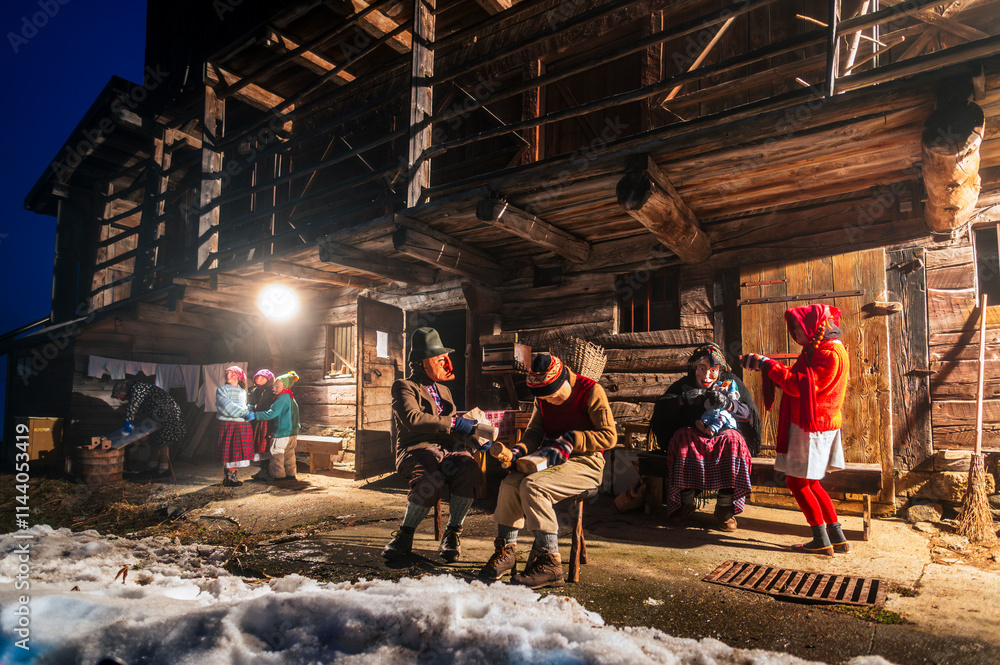 Ancient carnival with wooden masks from Sauris. Magic of Carnia for the arrival of spring. Ancient carnival with wooden masks from Sauris. Magic of Carnia for the arrival of spring.