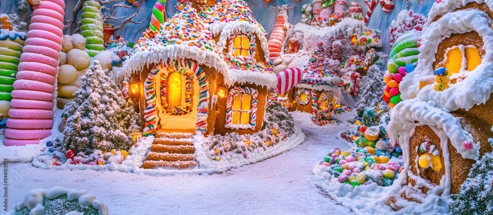 Fototapeta premium Whimsical gingerbread candy house adorned with vibrant sweets and snow showcasing a magical Christmas wonderland scene