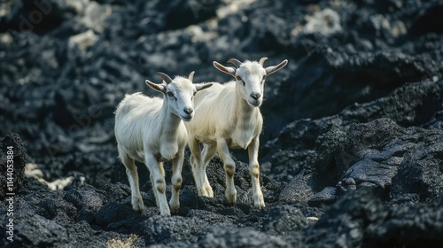 Goats navigating a rocky lava landscape with volcanic formations in the background showcasing resilience and adaptability in nature. photo