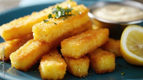 Crispy golden polenta fries served with garlic lemon dipping sauce on a vibrant blue plate garnished with fresh herbs photo