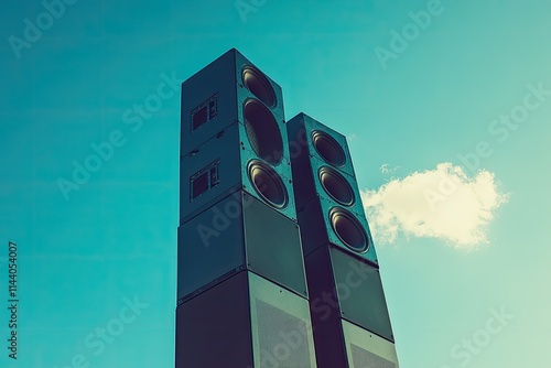 Towering stack of powerful speakers against a dramatic sky, exuding energy and force.
