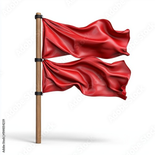 A photostock of red flags in motion with dramatic wind ripples, isolated on a clean white background, bold and energetic, High Quality photo