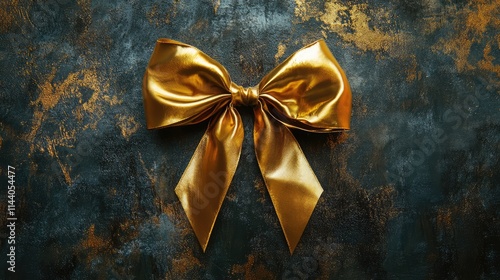 Elegant golden satin bow on a textured dark background, perfect for gifts or festive decoration themes. photo