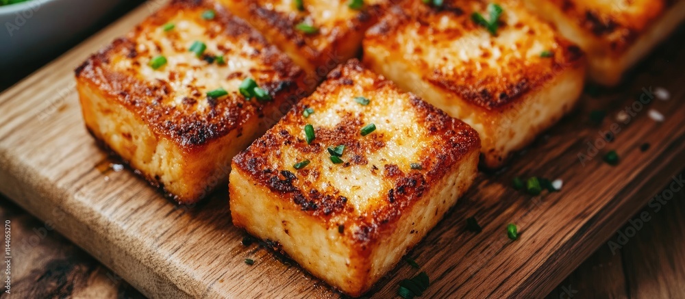 Fried radish cake served on a wooden board garnished with chives and sesame seeds delicious street food delicacy Fried radish cake served on a wooden board garnished with chives and sesame seeds delicious street food delicacy