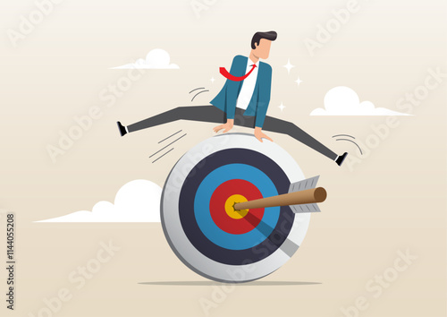 Achieve target, skillful businessman jumping over arrow hit bullseye target