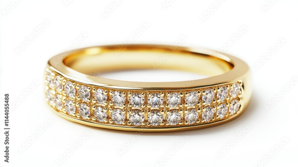 Elegant gold ring adorned with sparkling diamonds on a pristine white background showcasing luxury and fine jewelry craftsmanship. Elegant gold ring adorned with sparkling diamonds on a pristine white background showcasing luxury and fine jewelry craftsmanship.