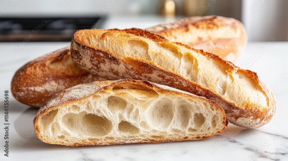 Artisan crusty baguette sliced in half showcasing light airy interior on marble countertop with warm kitchen background Artisan crusty baguette sliced in half showcasing light airy interior on marble countertop with warm kitchen background