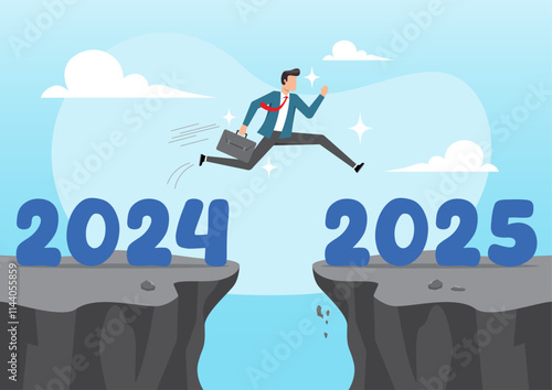 confident success businessman attempt to jump high overcome risk to next cliff