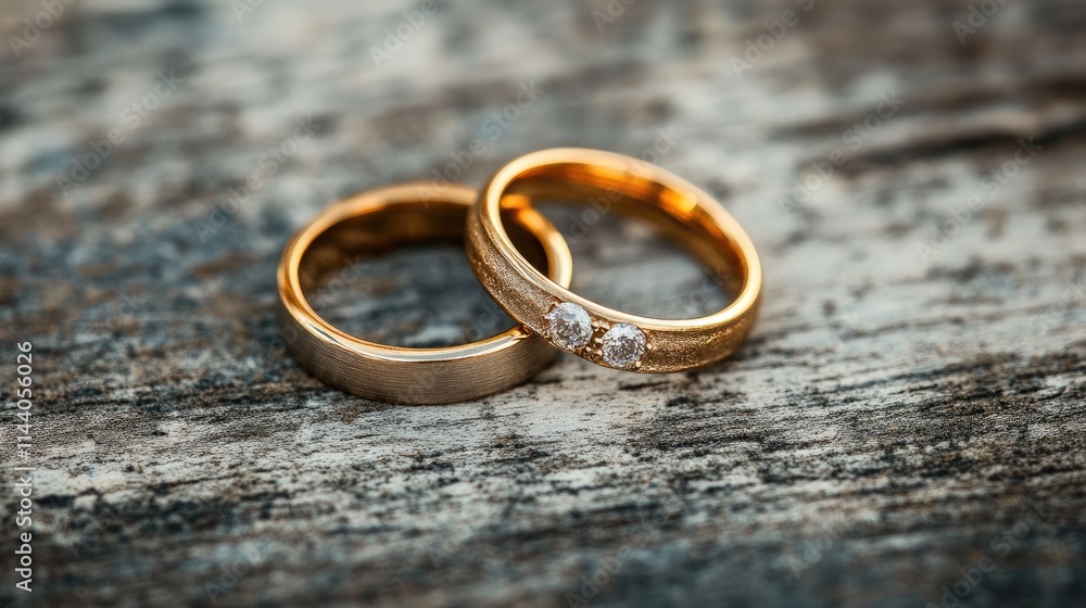 Elegant gold wedding rings with diamonds on a rustic wooden surface symbolizing love and commitment. Elegant gold wedding rings with diamonds on a rustic wooden surface symbolizing love and commitment.