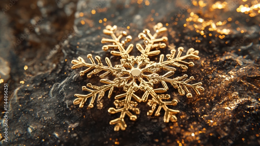 Elegant golden snowflake ornament resting on a textured dark surface symbolizing festive holiday spirit and seasonal decoration. Elegant golden snowflake ornament resting on a textured dark surface symbolizing festive holiday spirit and seasonal decoration.
