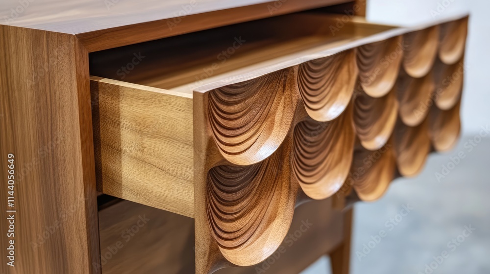 Fototapeta premium Artisan wooden drawers with intricate wave design showcasing craftsmanship and elegant furniture details in a modern setting